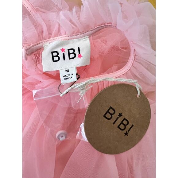 Bibi Flutter Sleeve High Neck Chiffon Blouse Top Pink Women's Size Medium NWT - Picture 5 of 6